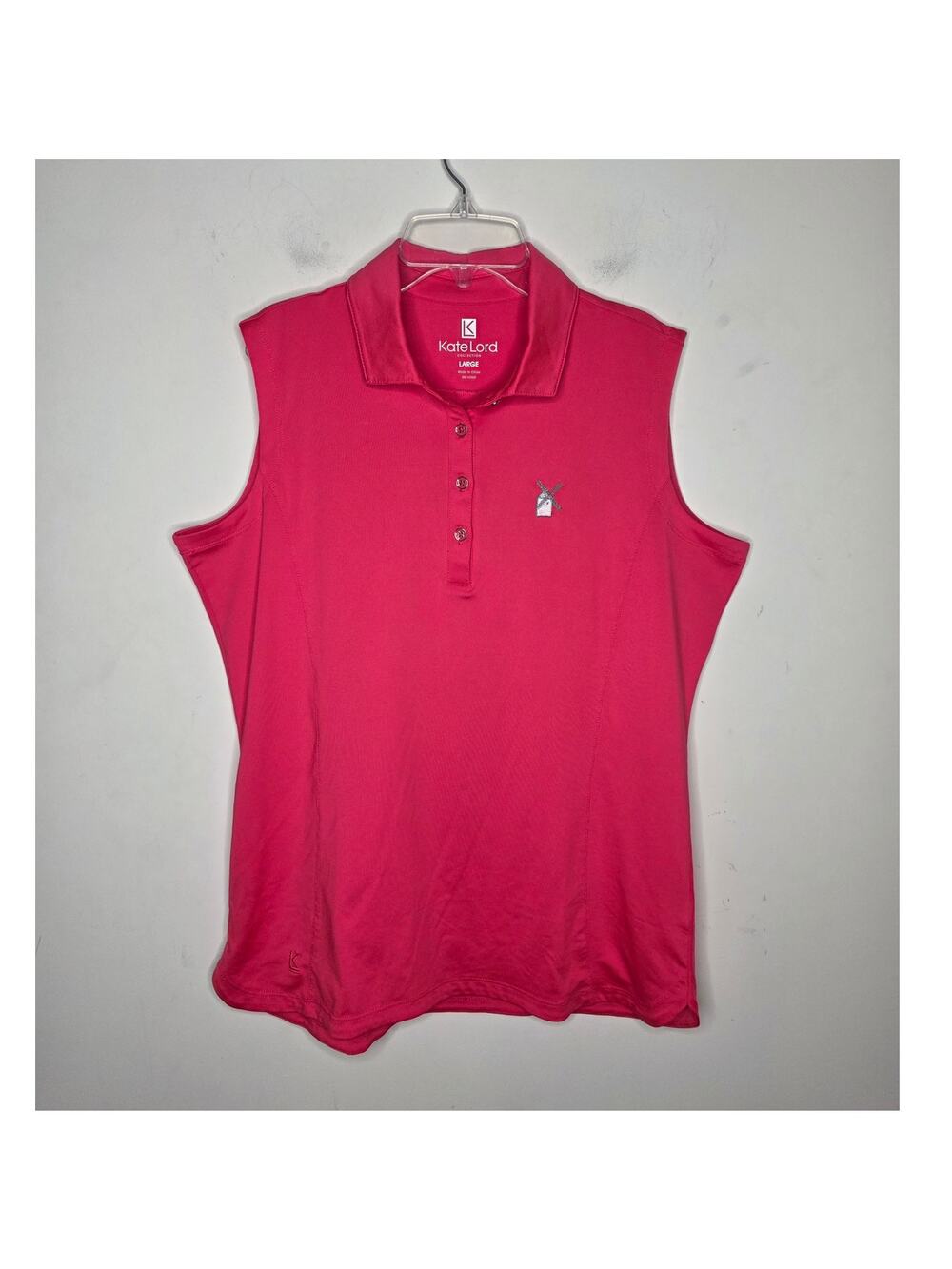 Kate Lord pink sleeveless polo shirt with windmill logo - large pickleball golf